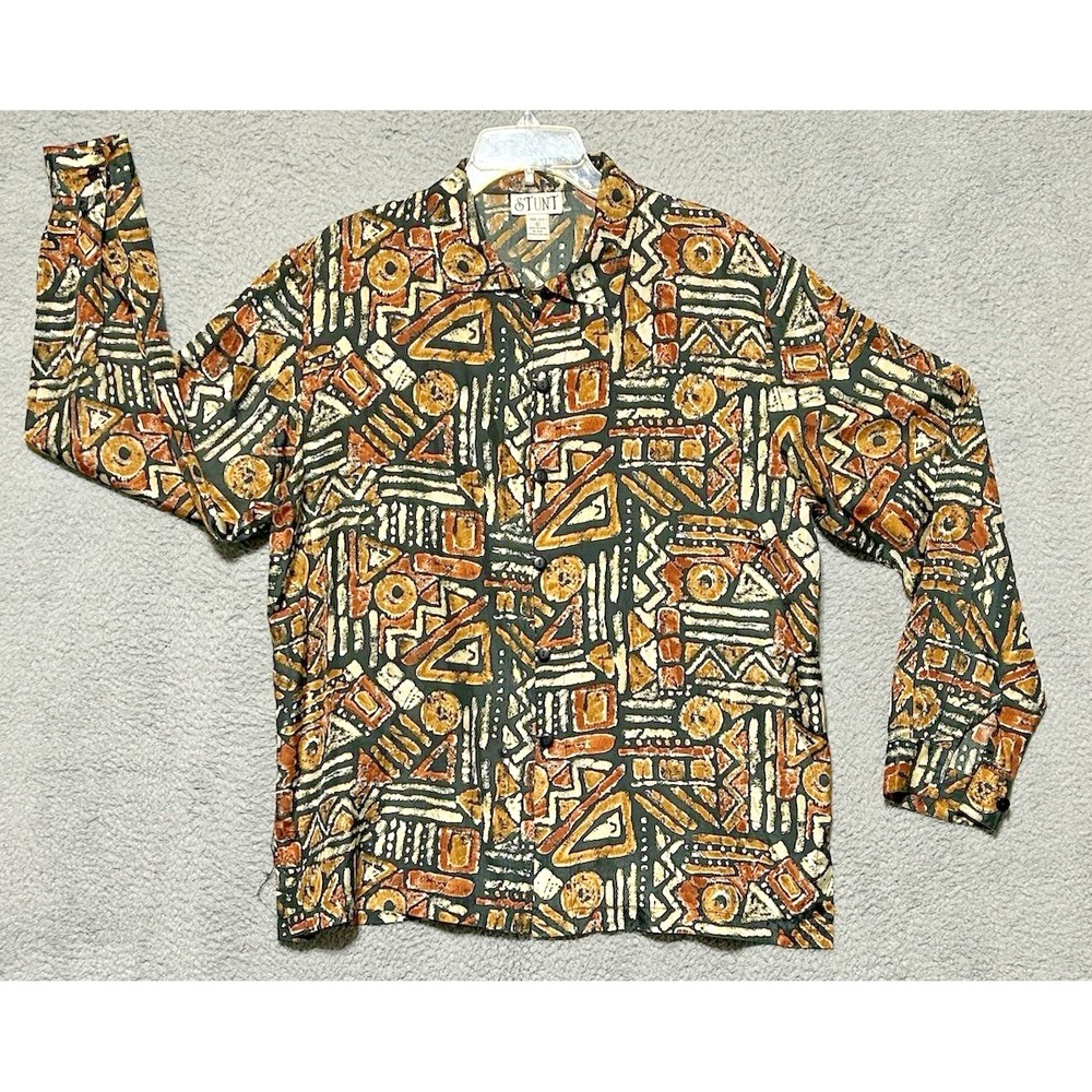 Vintage Stunt‎ Long Sleeve Button Up Silk Shirt Tribal Aztec African Womens L